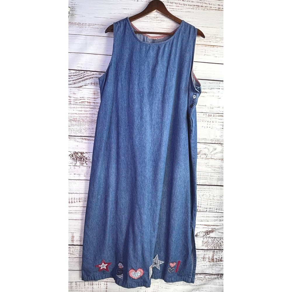 Cottagecore Vintage Denim Jumper Dress Blue Cotton Patchwork Size XL - Picture 2 of 16